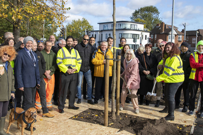 Histon Rd Opening - photo of members of the community at a tree planting ceremony, including Lilian Rundblad, Cllr Elisa Meschini, and Cllr Dave Baigent- October 2021