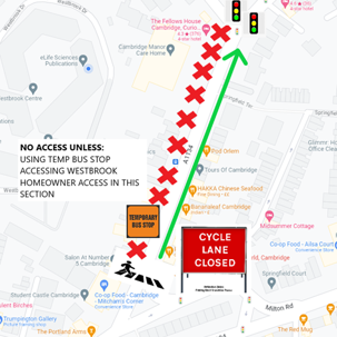 Map showing the closed section of footway on the western side of Mitcham’s Corner with the diversion route on the eastern side of the road.