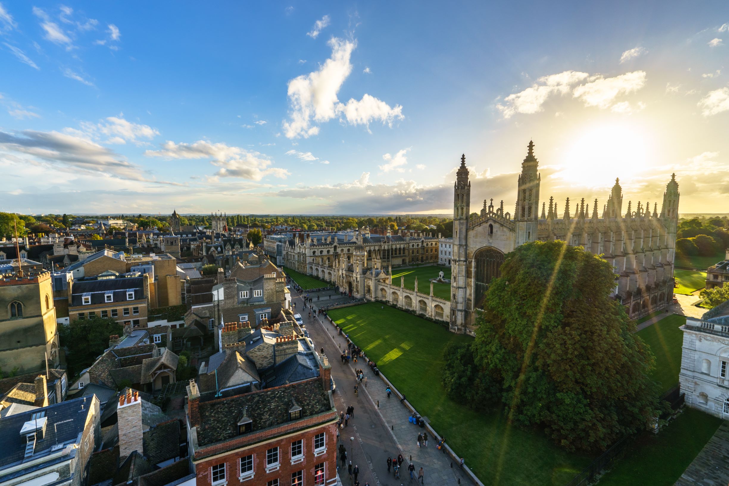 Panoramic view of Cambridge with sun flare at sunset, UK508907239