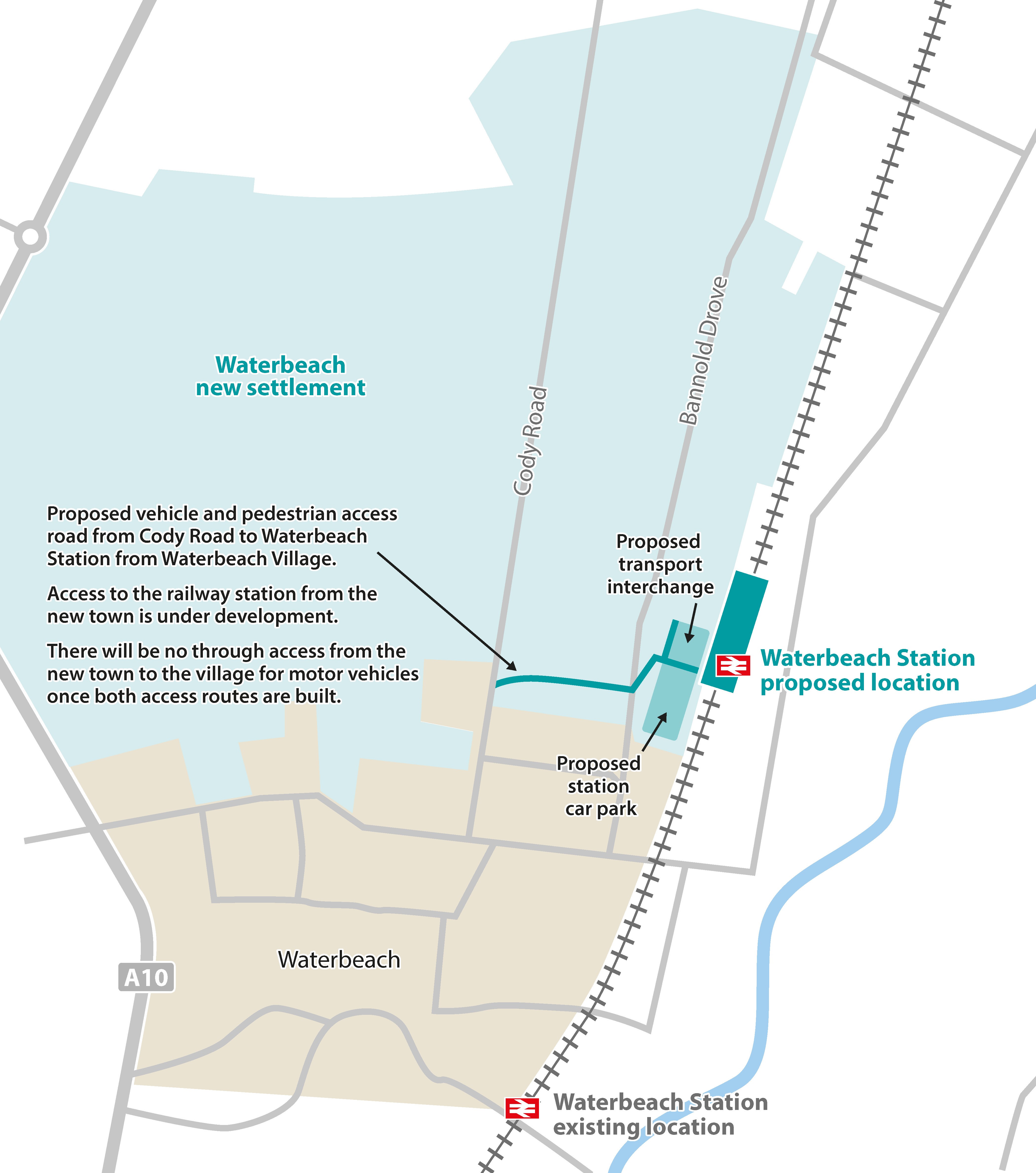 Map showing the arrangement for the new railway station in Waterbeach new town